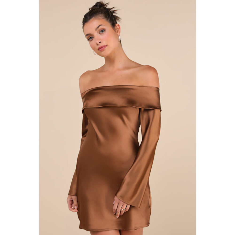 Lulus Luxurious Vision Brown Satin Off-the-shoulder Mini Dress - Size S